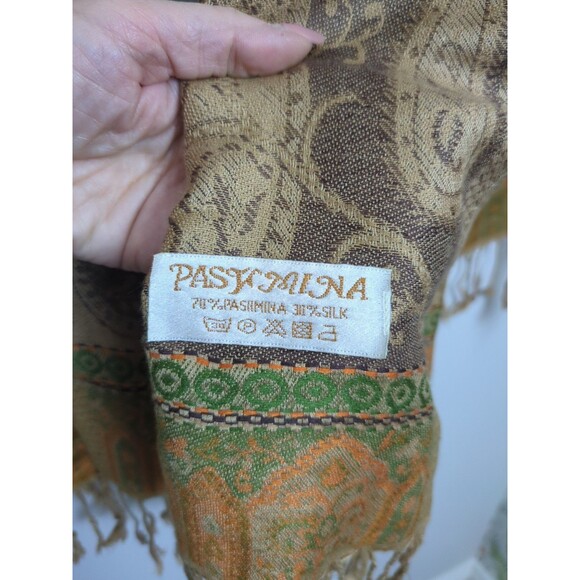 Paisley Pashmina & Silk Scarf Shawl Wrap One Size Elegant Sage Green/Orange - Picture 7 of 10